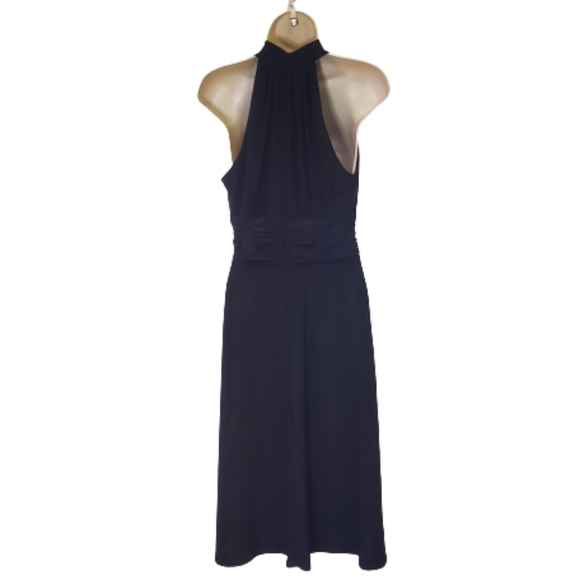Jones Wear Dress Black Deep V-Neckline Halter, Ruched Waist Midi Dress, Size 8 - Picture 4 of 13